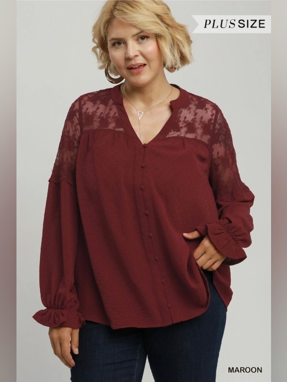 Umgee Lace Contrast Button-Down Blouse – Maroon – Size XL NWT